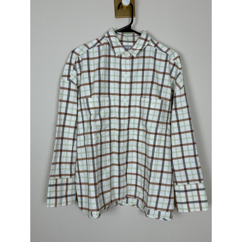 Everlane Women Boxy Flannel Shirt Brown Green Plaid Cotton Button Up S NEW (D10)